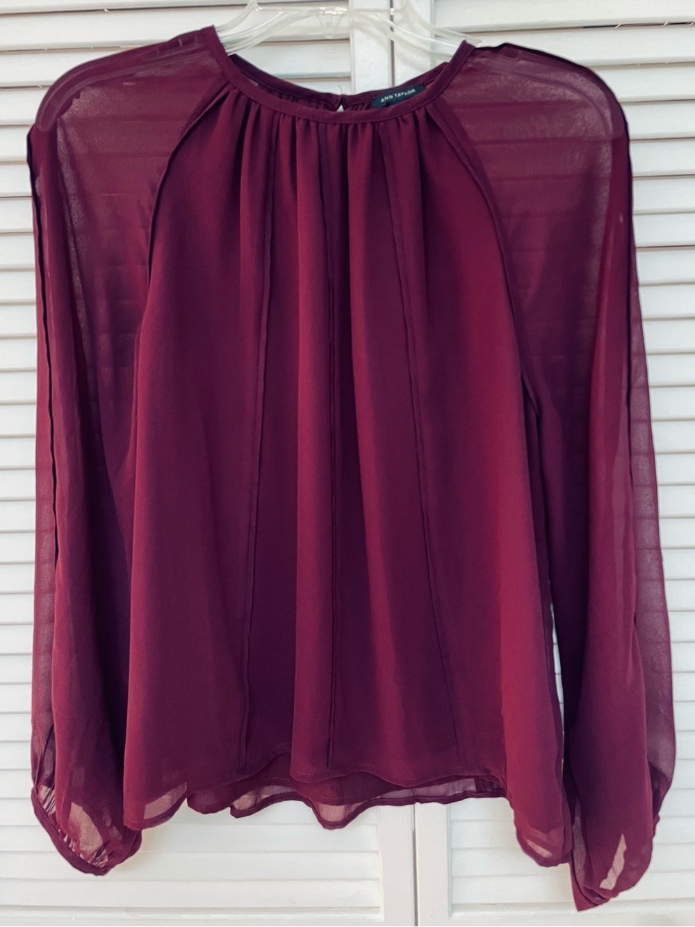 Ann Taylor Burgundy Sheer Long-Sleeve Blouse
